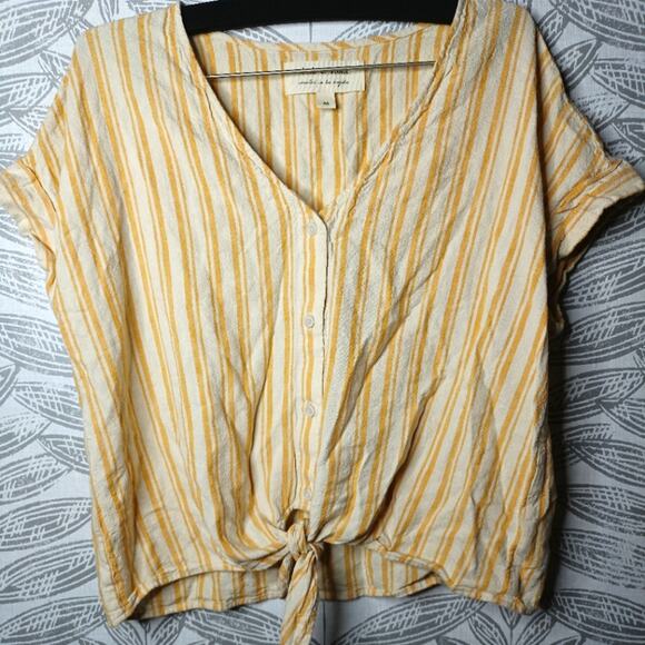 Cloth & Stone Blouse Tie Front Striped Linen Blend Yellow Cream Boho - Picture 1 of 6